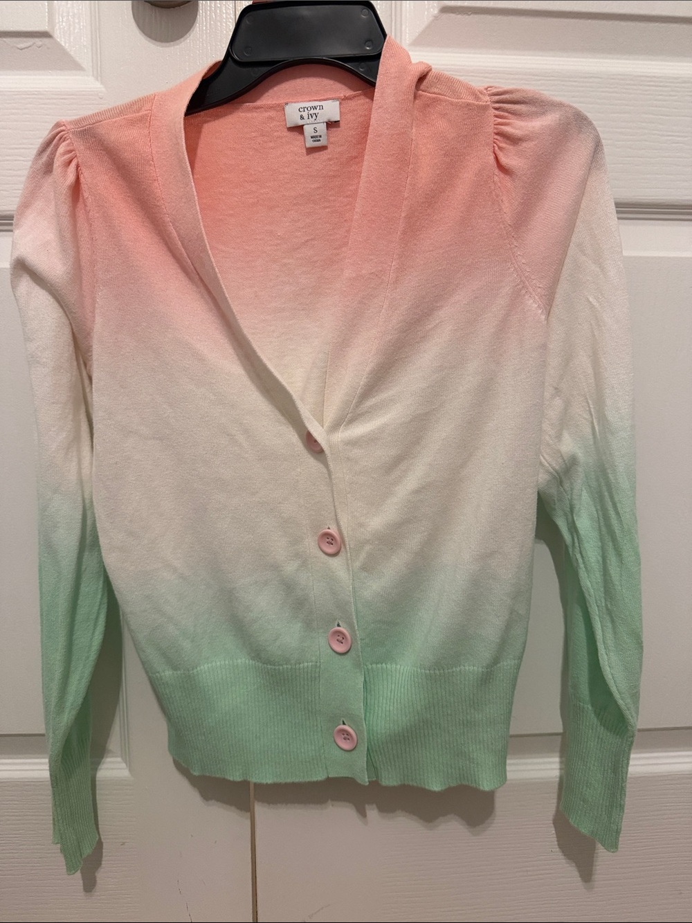Crown & Ivy Pink to Green Ombre Button-Front Women's cardigan, small